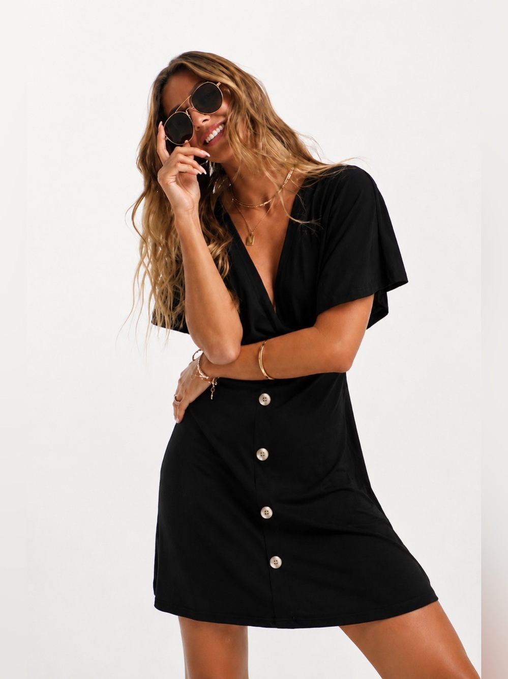 Black Button-Front V-Neck Mini Dress-Size 8